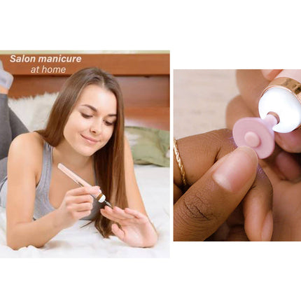 Woman at home getting a manicure with a nail care product, labeled 'Salon manicure at home'.