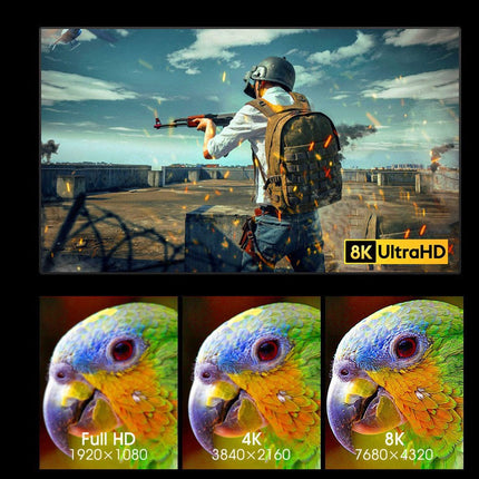 Comparison of 8K Ultra HD, 4K, and Full HD images showing a character in a video game and a parrot.