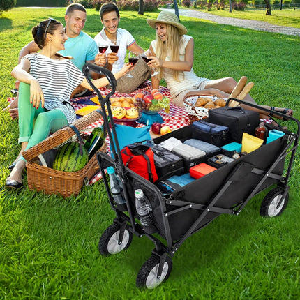 People enjoying a picnic with a black folding wagon filled with food and drinks on a grassy field.