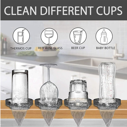 Four clear glass cups with dark metal bases are shown on a wooden shelf in front of a blurred kitchen background. Above them, icons and text read 'THERMOS CUP', 'RED WINE GLASS', 'BEER CUP', and 'BABY BOTTLE', with the headline 'CLEAN DIFFERENT CUPS' at the top.