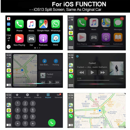 A 2x3 grid of six screenshots showing an iOS 13 split screen car display interface, labeled 'For iOS FUNCTION - iOS13 Split Screen, Same As Original Car'. The screens display app icons, navigation, maps, and media controls on a dark car infotainment background.