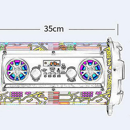 A dimension diagram of a portable speaker, showing its width as 35cm and height as 20cm, on a light blue background.