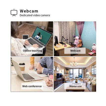 Advertisement for a webcam with examples of use including online teaching, webcast, web conference, and home use.