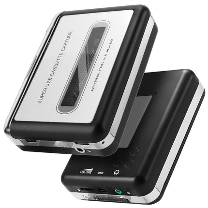 Black and silver cassette tape capture device on a white background