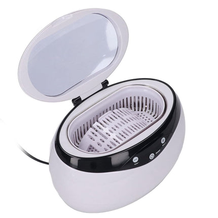 White ultrasonic cleaner with open lid on a white background