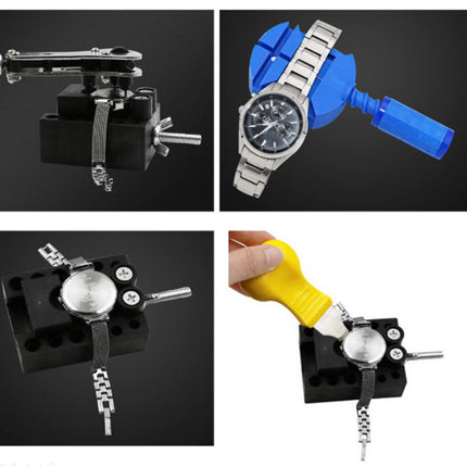 Collage of a watch repair tool in use on a black background