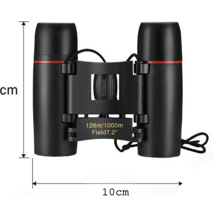 Black binoculars with measurements on a white background