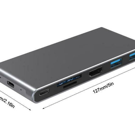 USB hub with multiple ports and dimensions labeled on a white background