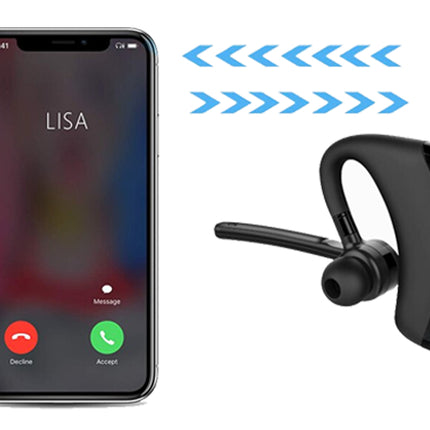 Smartphone with incoming call screen and Bluetooth headset on a white background