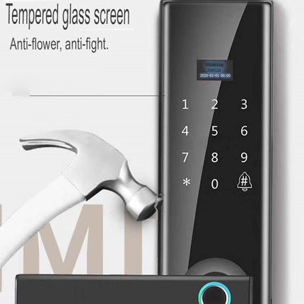 Digital door lock with a hammer and magazine in the background
