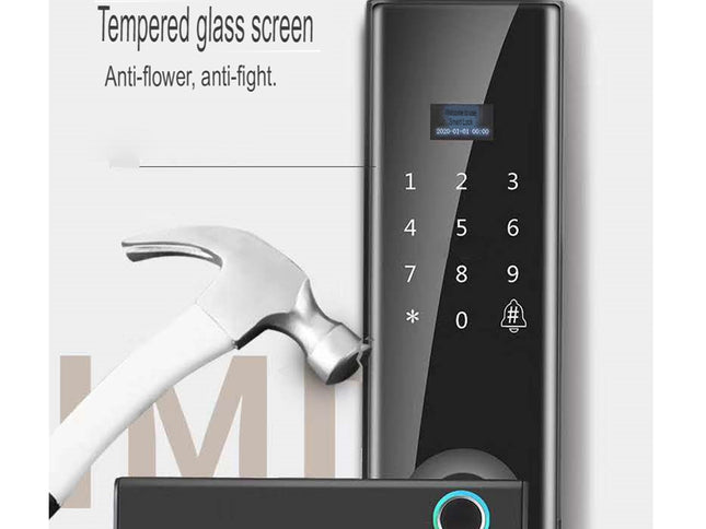 Digital door lock with a hammer and magazine in the background