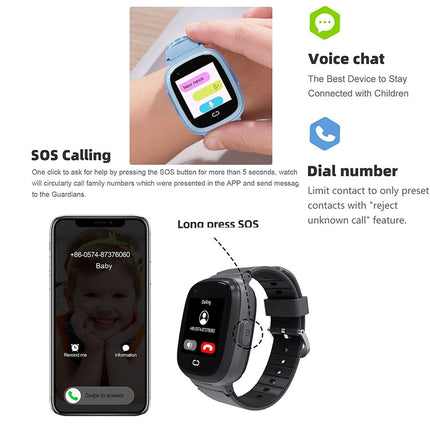 Smartwatch and smartphone displaying SOS calling and voice chat features on a white background.