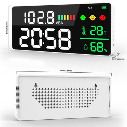 A digital wall clock and humidifier shown from the front and back on a white background. The top view shows a black face with large white time digits, green and red status icons, and a small LED battery indicator.