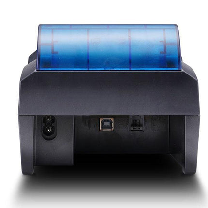 A black thermal printer with a translucent blue protective cover on top, shown from a front-facing perspective on a white background.