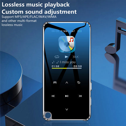 A silver and black portable music player with a glossy screen displaying a music player interface, set against a blue background with promotional text about lossless music playback.