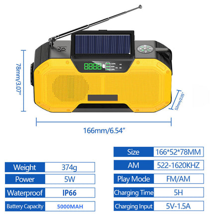 Yellow and black portable radio with solar panel and charging details on a white background