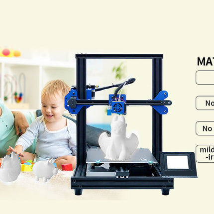 3D printer in use with a child and adult, featuring safety and material properties text.