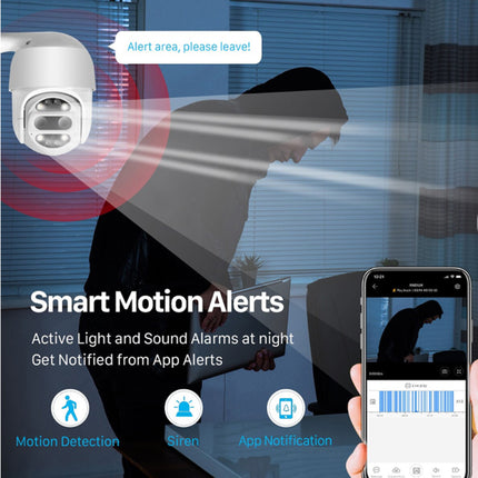 Smart motion alert system with camera, light, and sound alarms, and smartphone app interface.