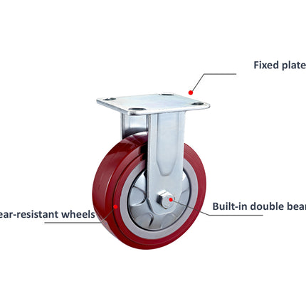 A metal caster wheel with red wheels, a silver fixed plate, and callout labels pointing to the fixed plate, high wear-resistant wheels, and built-in double bearing on a white background.