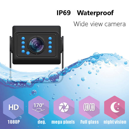Waterproof wide view camera with features listed on a white background