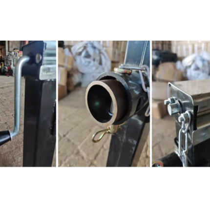 Close-up of a mechanical component with a handle and lens-like structure, set against a warehouse background.