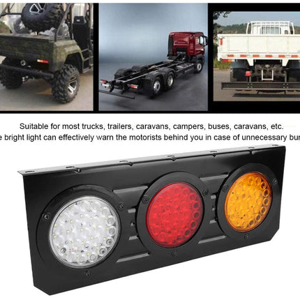 A rectangular black truck warning light assembly with three circular lenses: white/silver on the left, red in the center, and amber/yellow on the right. Above the product are three small inset photos of different vehicles and a block of descriptive text about suitability for trucks, trailers, caravans, and campers.
