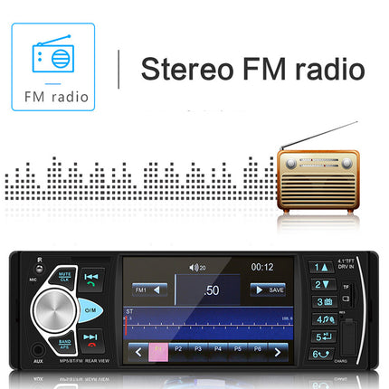 A black stereo FM radio receiver with a digital display screen, rotary volume knob, and side control buttons, shown below a small vintage gold radio icon and the text 'Stereo FM radio' on a white background.