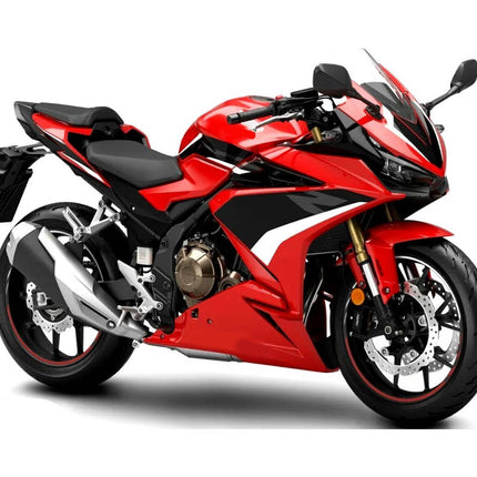 Red and black motorcycle on a white background