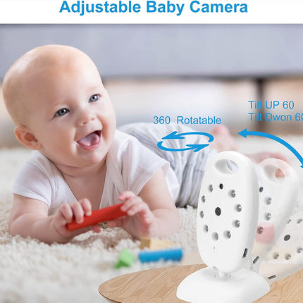 Baby playing with a toy next to an adjustable baby camera on a soft surface.