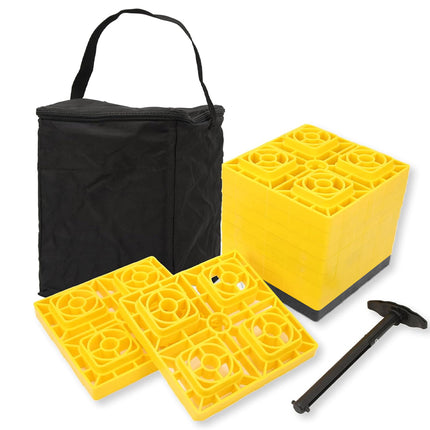 Yellow plastic pool floatation blocks with a black carrying bag, hammer, and black base, shown on a white background.