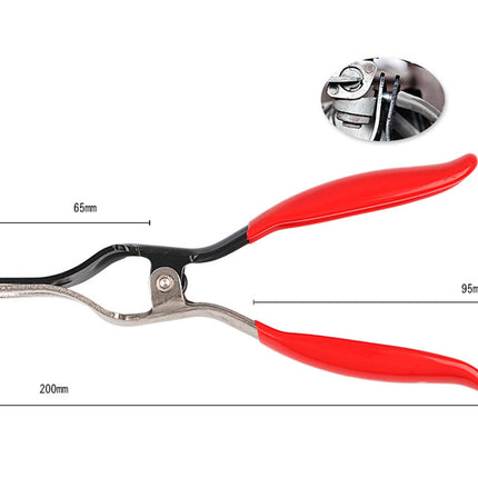 Red and black pliers with dimension labels showing 65mm, 95mm, and 200mm measurements, plus a circular inset close-up of the metal head on a white background.