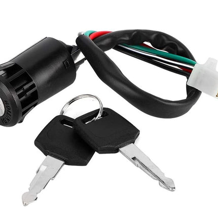 Car ignition switch with wiring harness and keys on a white background