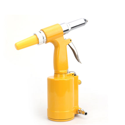 A bright yellow pneumatic air hammer with a silver metal anvil tip, shown on a clean white background.