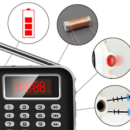 Digital clock with battery indicator and close-up illustrations of components on a white background