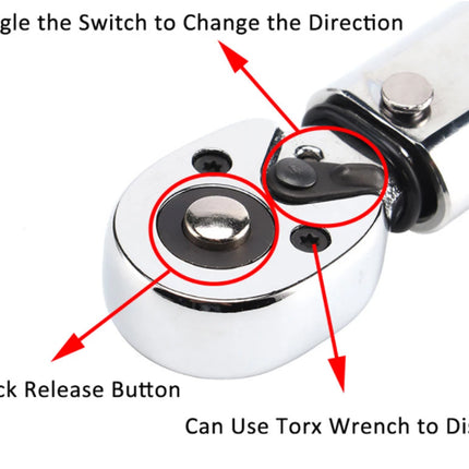 Close-up of a mechanical component with text indicating features like switch, quick release button, and torx wrench usage.