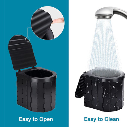 A side-by-side product demonstration of a black plastic portable toilet. The left side shows the lid easily opening with a close-up inset of the textured black rubber seal, labeled 'Easy to Open'.