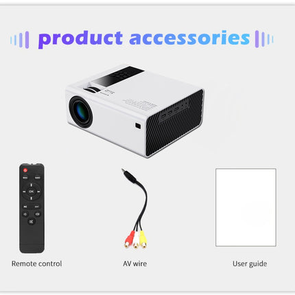 Projector with remote control, AV wire, and user guide on a white background