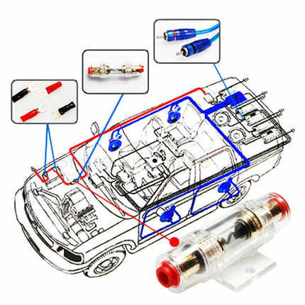 Diagram of car audio system wiring with connectors and labels on a white background