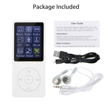Music player package with screen, USB cable, earbuds, and user guide on a white background