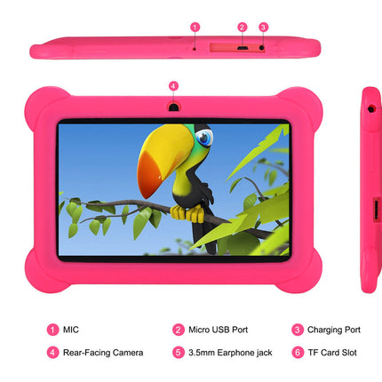 Pink children's tablet with a parrot on the screen, showing ports and features.