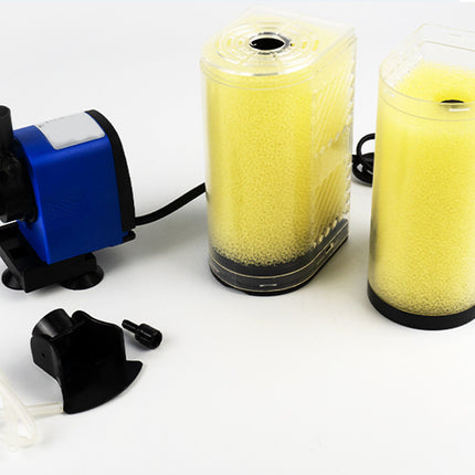 Pump and two yellow filter cartridges on a white background