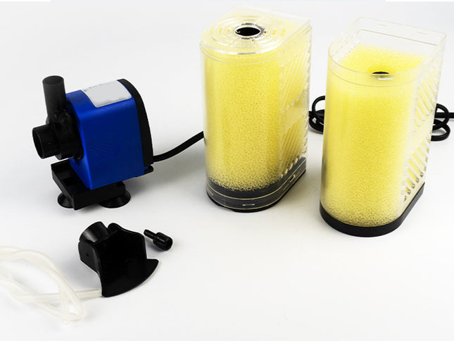 Pump and two yellow filter cartridges on a white background