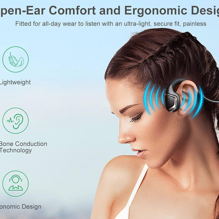 A woman with braided brown hair wears a black open-ear wireless earbud behind her ear, with blue sound-wave graphics indicating audio. The image includes marketing text reading 'Open-Ear Comfort and Ergonomic Design' and feature icons for 'Lightweight,' 'True Bone Conduction Technology,' and 'Ergonomic Design' on a pale blue background.