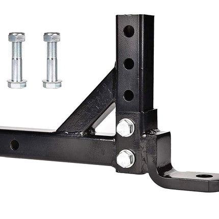 A black metal hitch receiver bracket with two silver mounting bolts, shown on a plain white background.