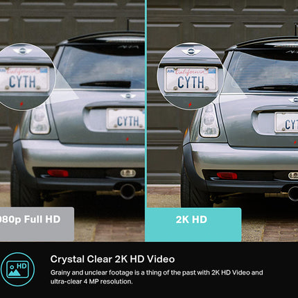 A promotional comparison graphic showing the rear of a silver car in two video resolution views: 1080p Full HD on the left and 2K HD on the right. Two circular zoom-in callouts highlight clearer license plate text in the 2K version.