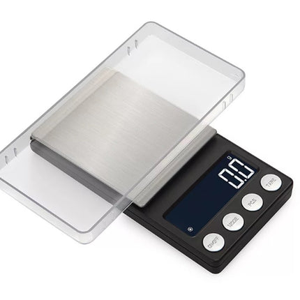 Digital pocket scale with a transparent lid on a white background