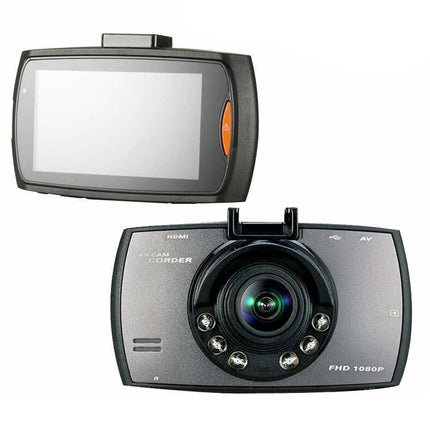 Car dashboard camera with screen and lens on a white background
