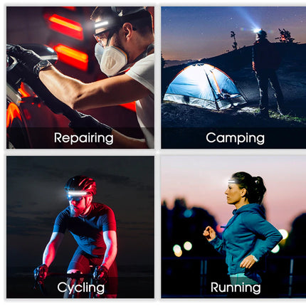 Four scenes showing a person using a headlamp for repairing, camping, cycling, and running.