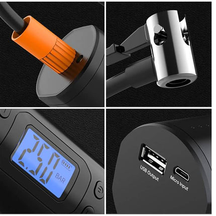 A four-panel close-up collage of a black electronic device, likely a pressure gauge or similar measuring tool, showing an orange connector, a metallic clamp, a blue digital display reading 250 BAR, and USB output and micro input ports on a black background.