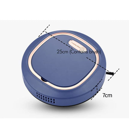 Blue robot vacuum cleaner with measurements on a white background